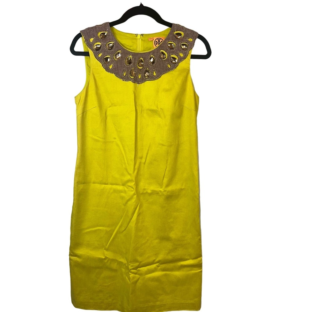 Tory Burch Chartruese Gold Green Linen Dress w Jewel Neckline Size 6 - Picture 6 of 15